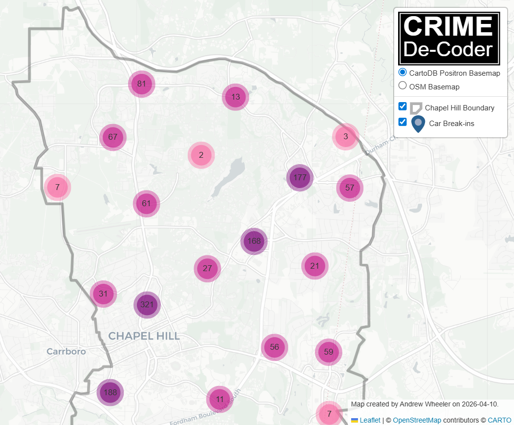 Folium map of car break ins in Chapel Hill