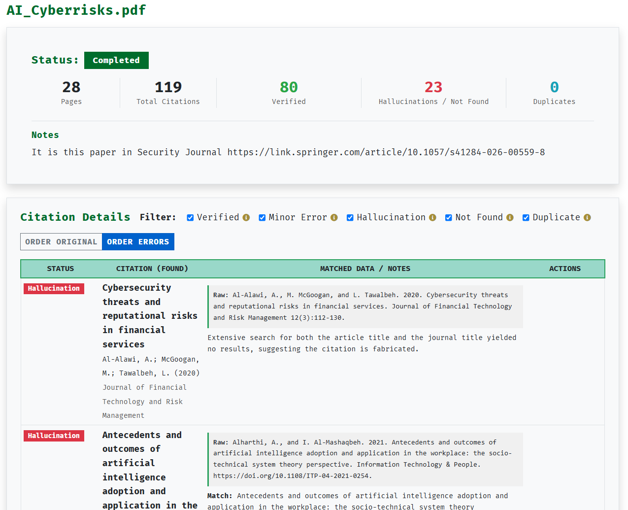 VerusCite hallucinated reference detection screenshot