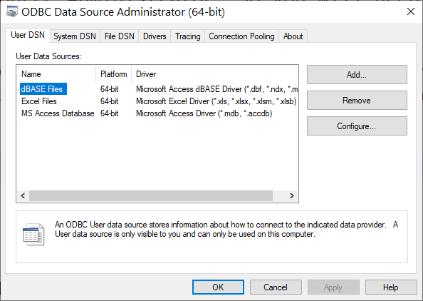 Screenshot of ODBC Admin for windows